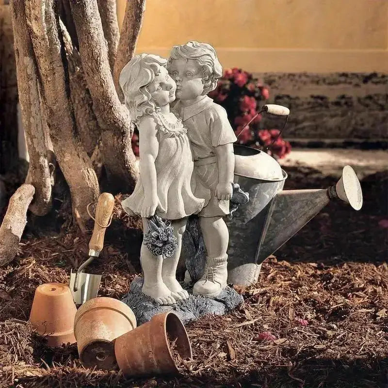 Garden Decor Endearing Sculpture Kids Sharing A Kiss on The Bench Living Room Decoration Fairy Garden Decorative Figurines