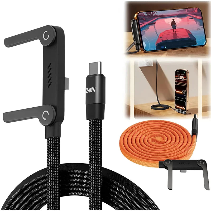 USB Type-C 240W Super Fast Charging Cable 2-in-1 Folding Holder For iPhone 15-17 Android Phone Charger Cable USB To C, C To C