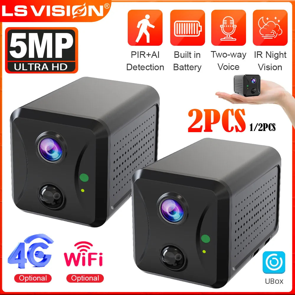 LS VISION 5MP Mini 4G WiFi Security Camera, PIR Motion Detection, 2-Pack
