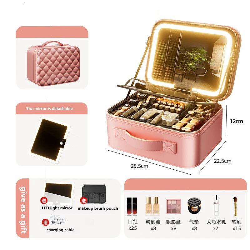 Luxury Makeup Bag LED Light Strip Mirror Makeup Case Portable Large Capacity Detachable Partition Storage Makeup Case