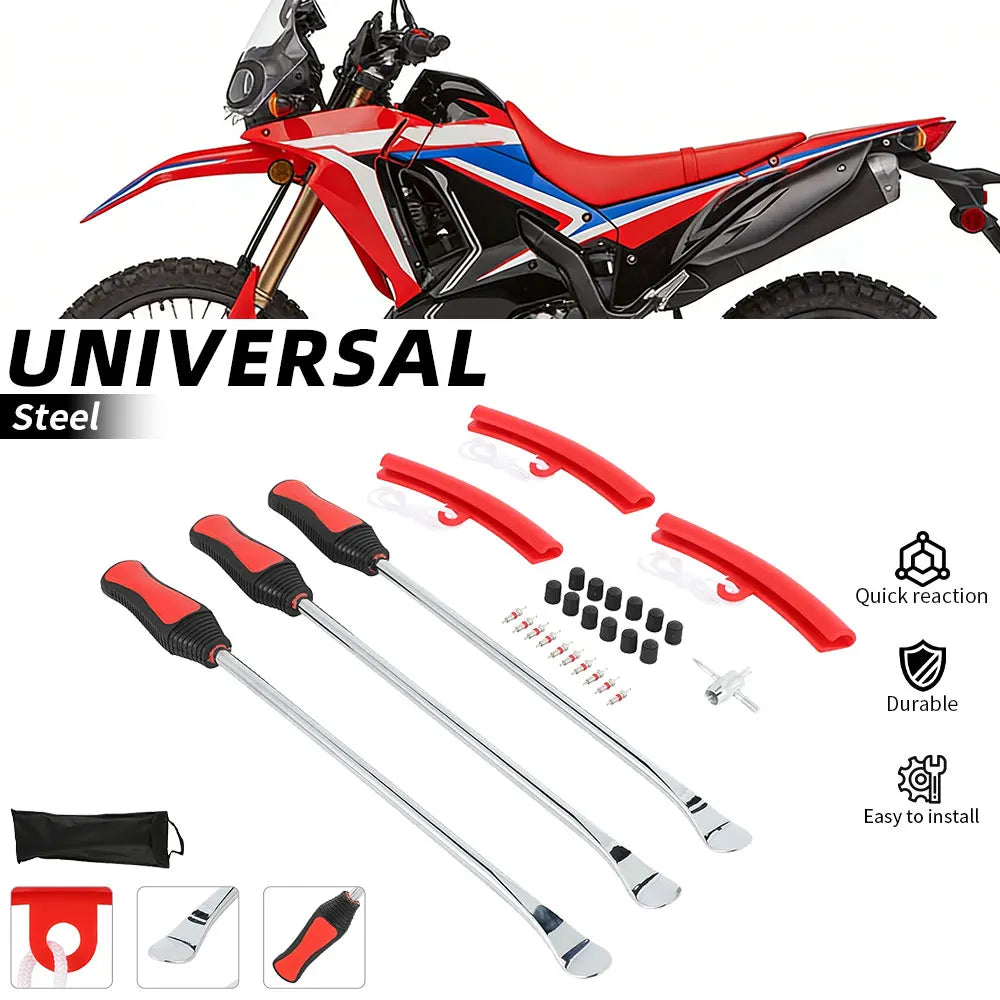 Motorcycle & Bicycle Tyre Changing Tool Set – Levers, Spoon, Protector, Valve Caps & Cores