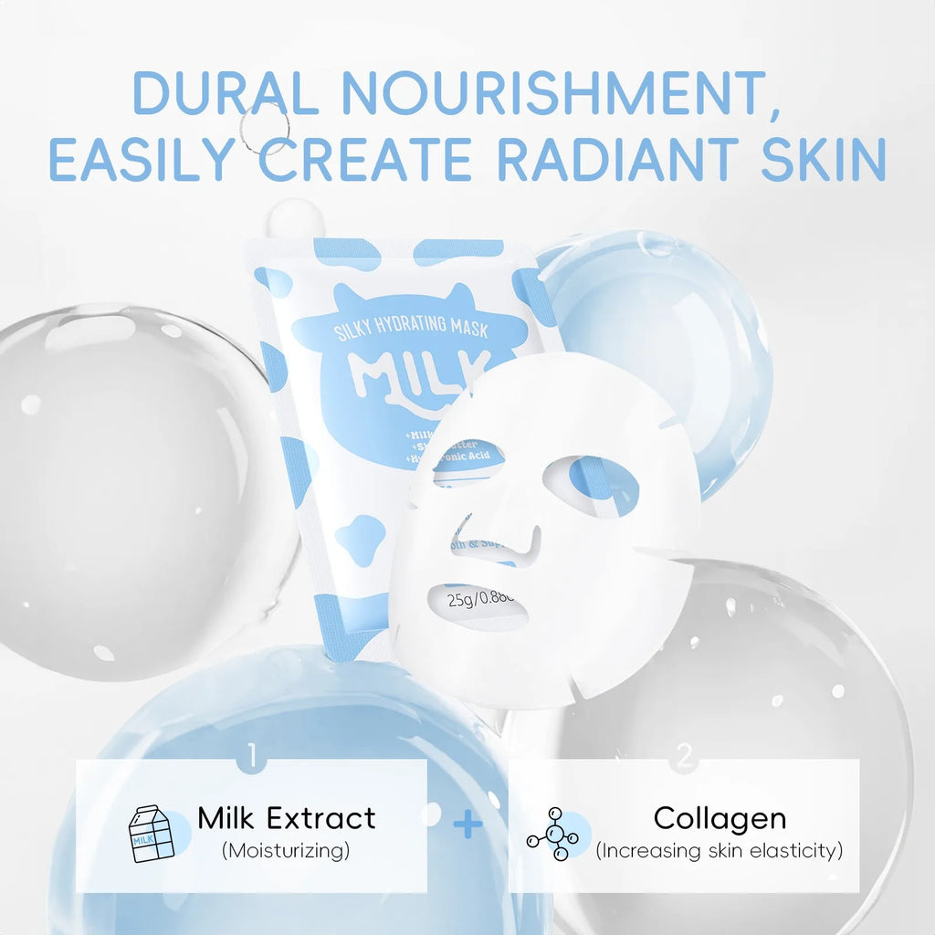 Milk 10PCS Skincare Set - Facial Cleanser Toner Serum Eye Cream Moisturizer +5 Masks Deep Hydration Moisturizing Nourish Brighte