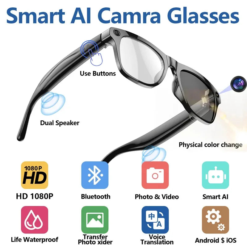Vamax AYGL190 Smart Glasses – 1080P HD Camera, AI GPT, Bluetooth Call, Voice Assistant, UV400, Color-Changing Lens