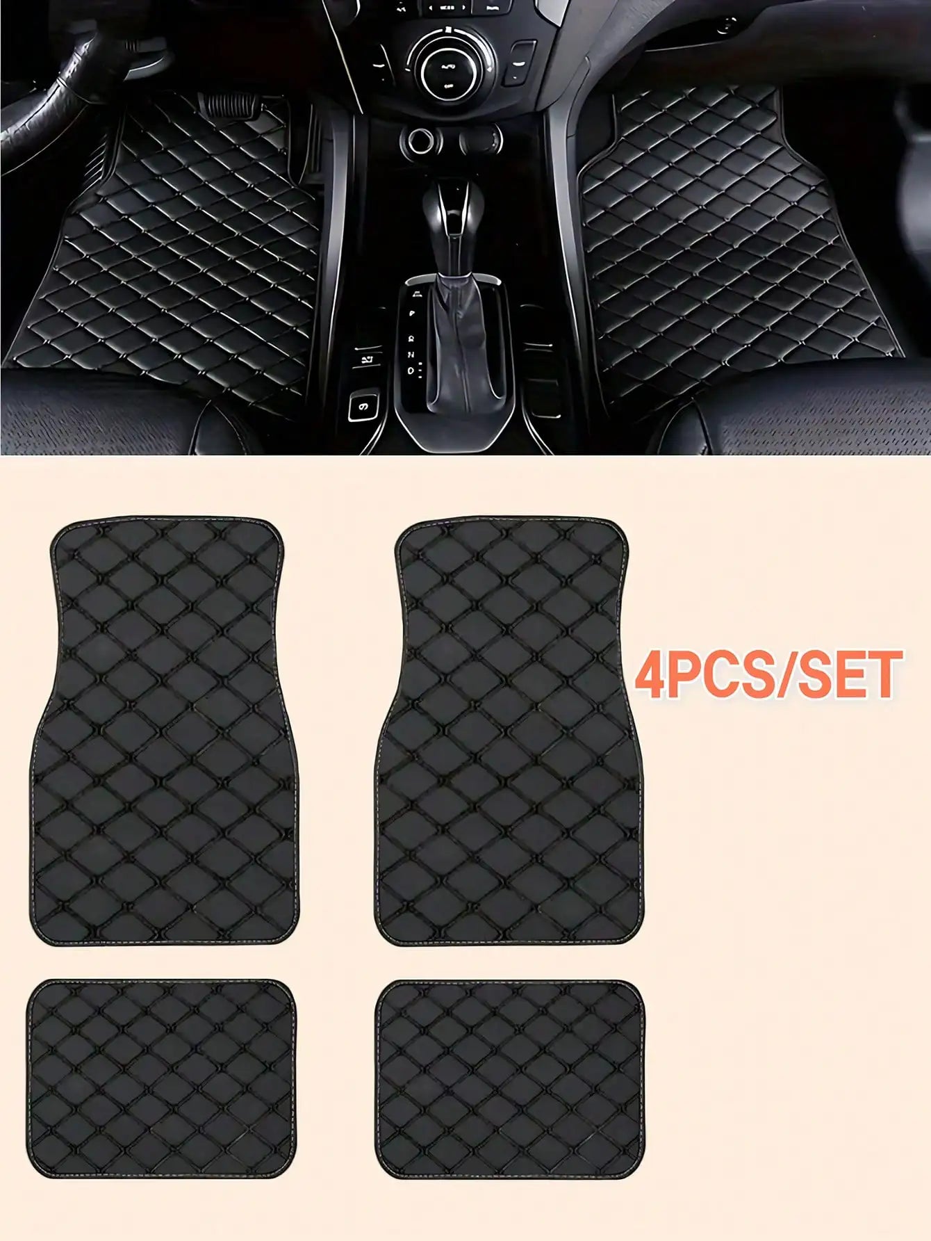 4Pcs Universal Car Mats for RHD Vehicles - PVC Leather Quilted Waterproof Non-Slip All-Season Easy Clean Fits Sedans/SUVs/Trucks