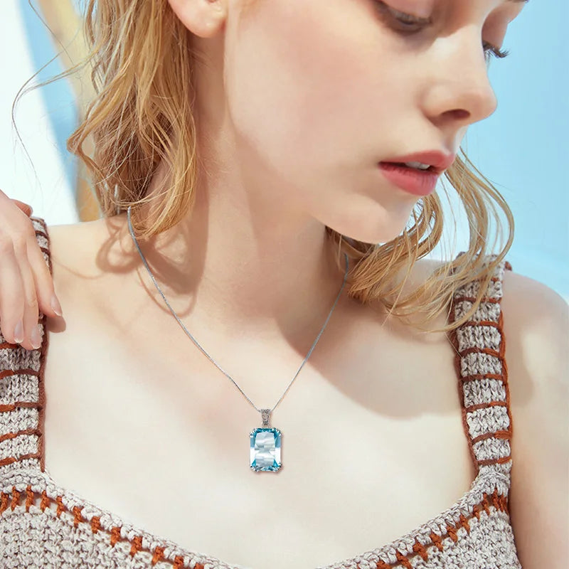 925 Sterling Silver Necklace For Women Luxury Aquamarine Gemstones Pendant Neck Chain Fine Jewelry Filigree Design