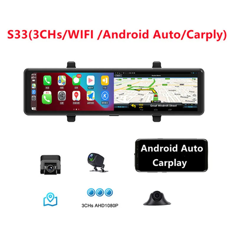 3-Camera Dash Cam CarPlay & Android Auto 2.5K – 12" Touch Screen WIFI GPS Rearview Mirror DVR