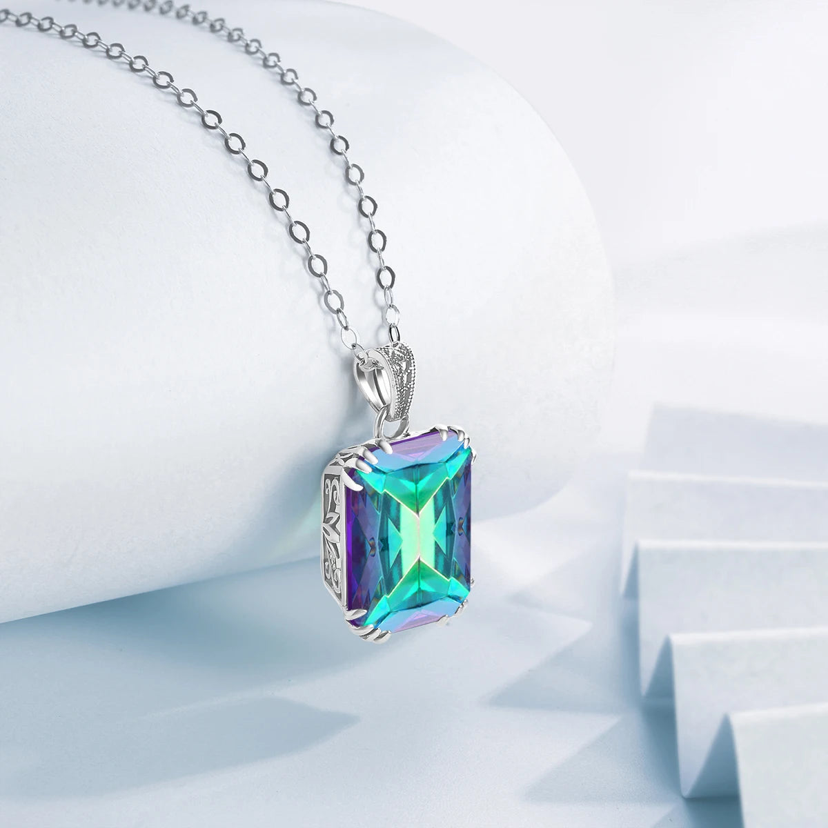 925 Sterling Silver Necklace For Women Luxury Aquamarine Gemstones Pendant Neck Chain Fine Jewelry Filigree Design