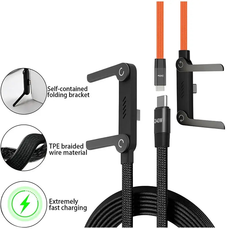 USB Type-C 240W Super Fast Charging Cable 2-in-1 Folding Holder For iPhone 15-17 Android Phone Charger Cable USB To C, C To C