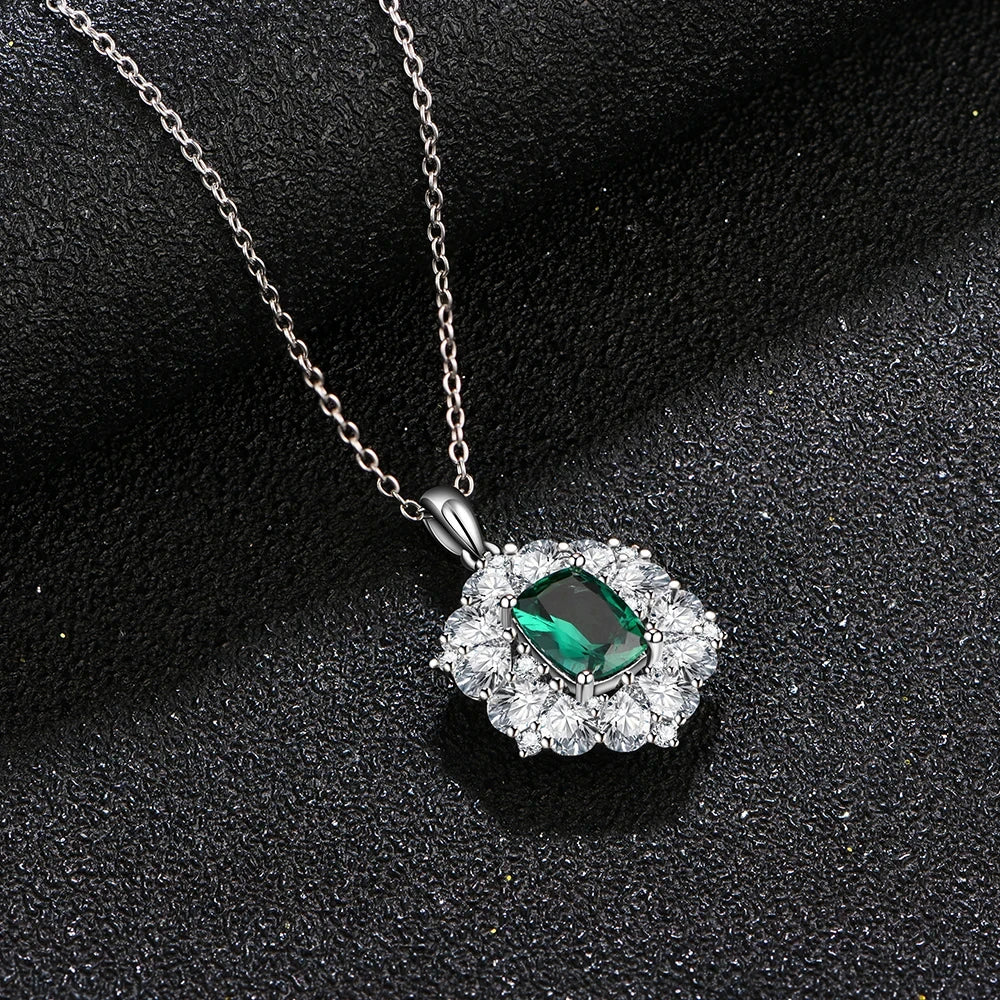 ATTAGEMS 925 Sterling Silver Emerald Stone Pendant Necklace With Chain 45cm Fine Jewelry Gift