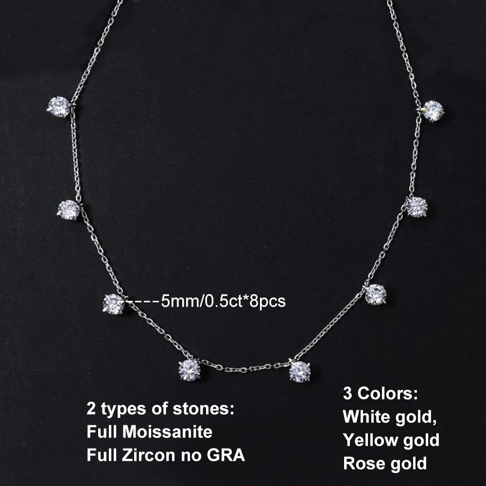 8 Stone Round Cut Real Moissanite Necklace for Women Floating Tiny Diamonds Neck Chain S925 Silver 18K Gold Plated Jewelry Gift