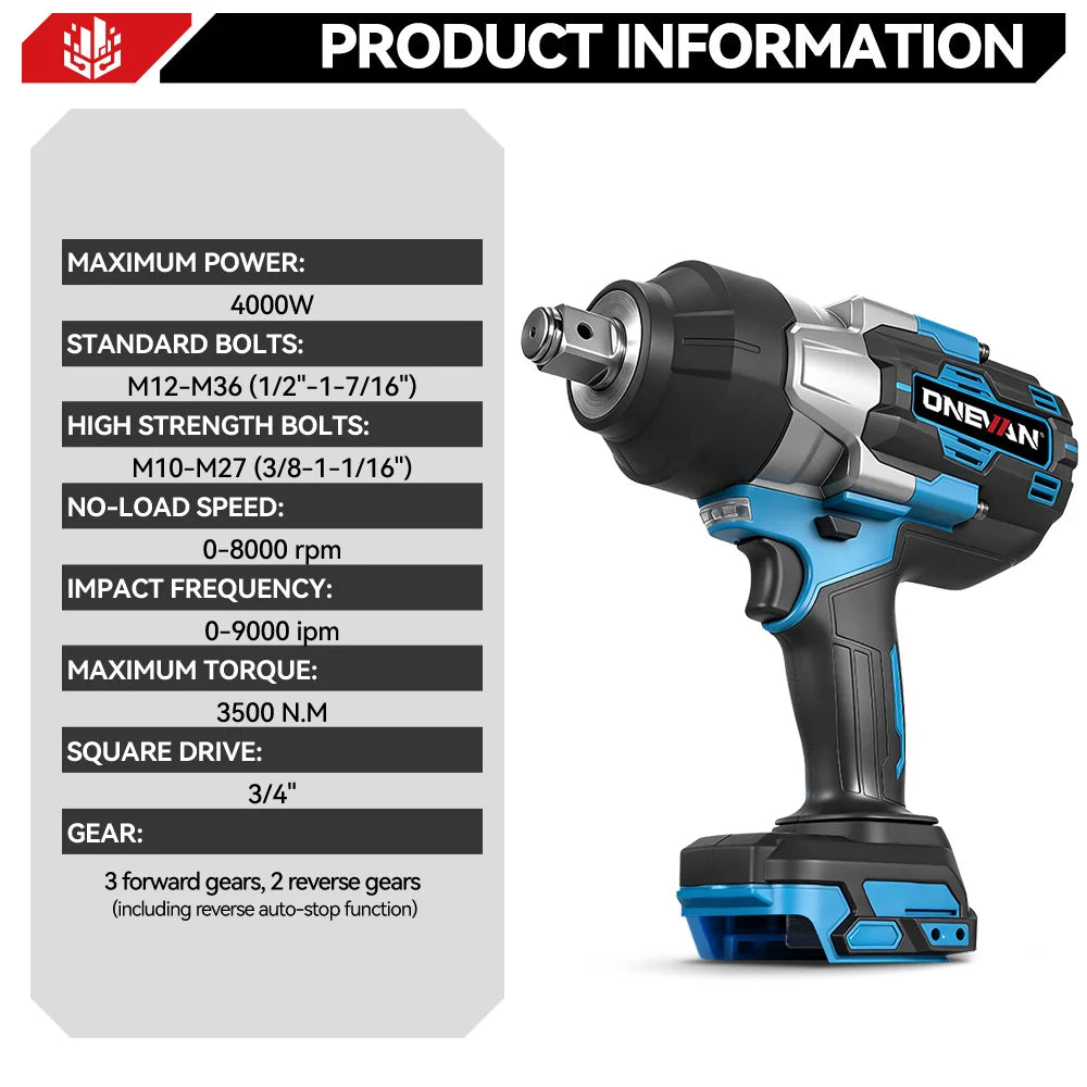 ONEVAN 4000W Brushless Impact Wrench – 3500Nm, 3/4" Drive, Makita