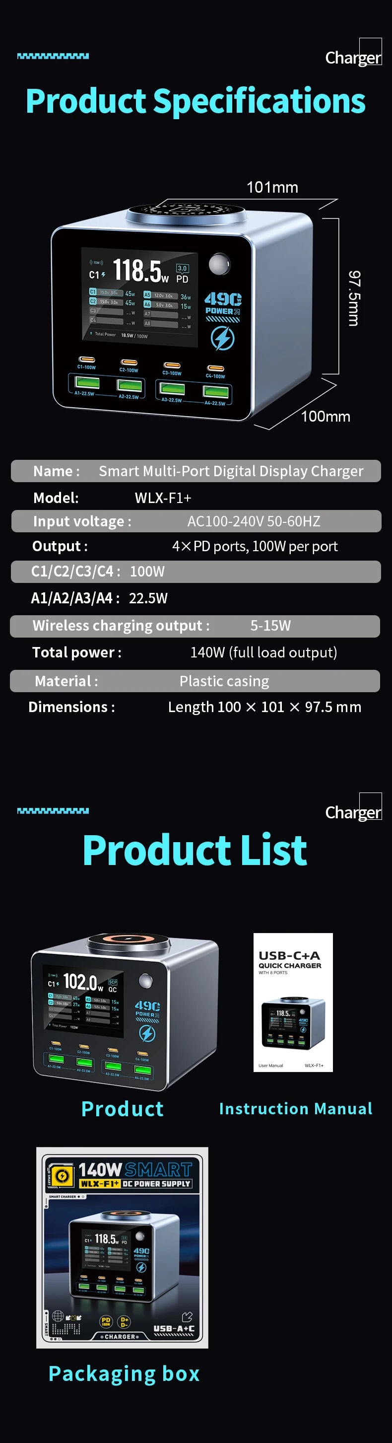 140W Smart Digital Multi-Port Charger 4C4A Wireless Charging for Smartphones Tablets And More - Fast Charging Hub