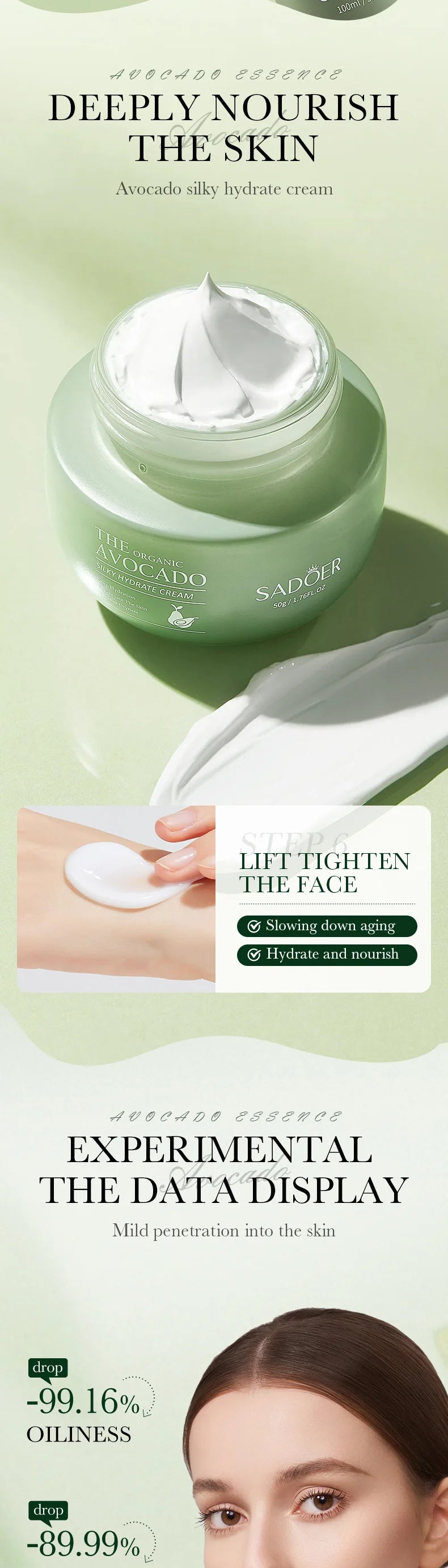 Avocado Skin Care Product Set, Six-Piece Set for Cleansing, Hydrating, and Moisturizing, Deeply Cleans Skin Impurities and Cosmetic Residue, Cleans Pores and Purifies the Skin. Reduces Fine Lines Around the Eyes, Provides Del