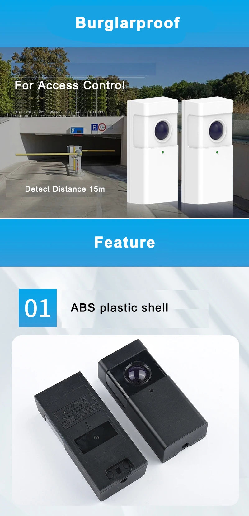 Rainproof Infrared Beam Sensor, 15m Photocell Detector for Gate and Door Opener