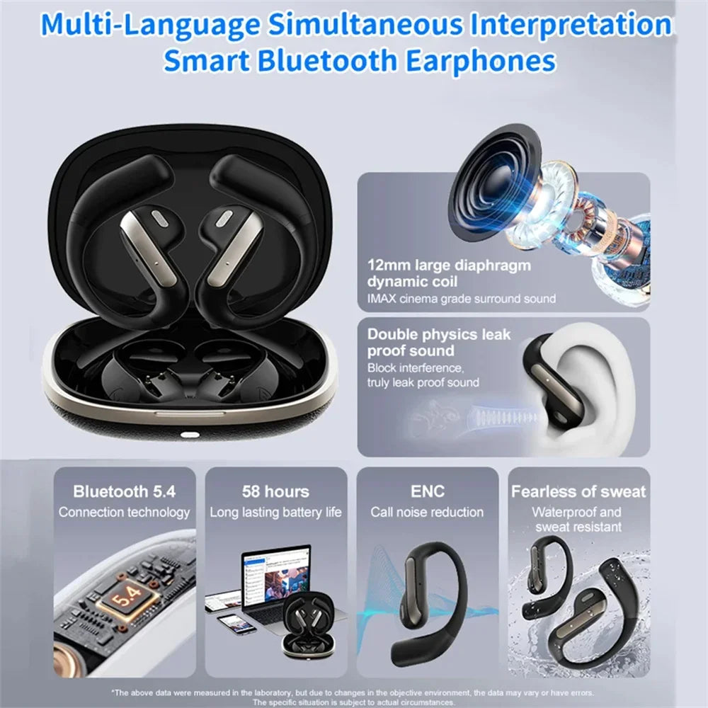 Smart AI Translation Headset Stereo Sound Semi-in-ear Air Conduction True Wireless Sport Long-lasting Bluetooth Ear Hook Headset