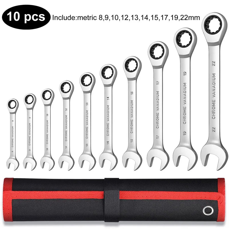 Ratcheting Wrench Set Metric and Standard 12-Point Box End Combination Spanner Gear Wrench Garage Tool Set,CR-V Full Polished