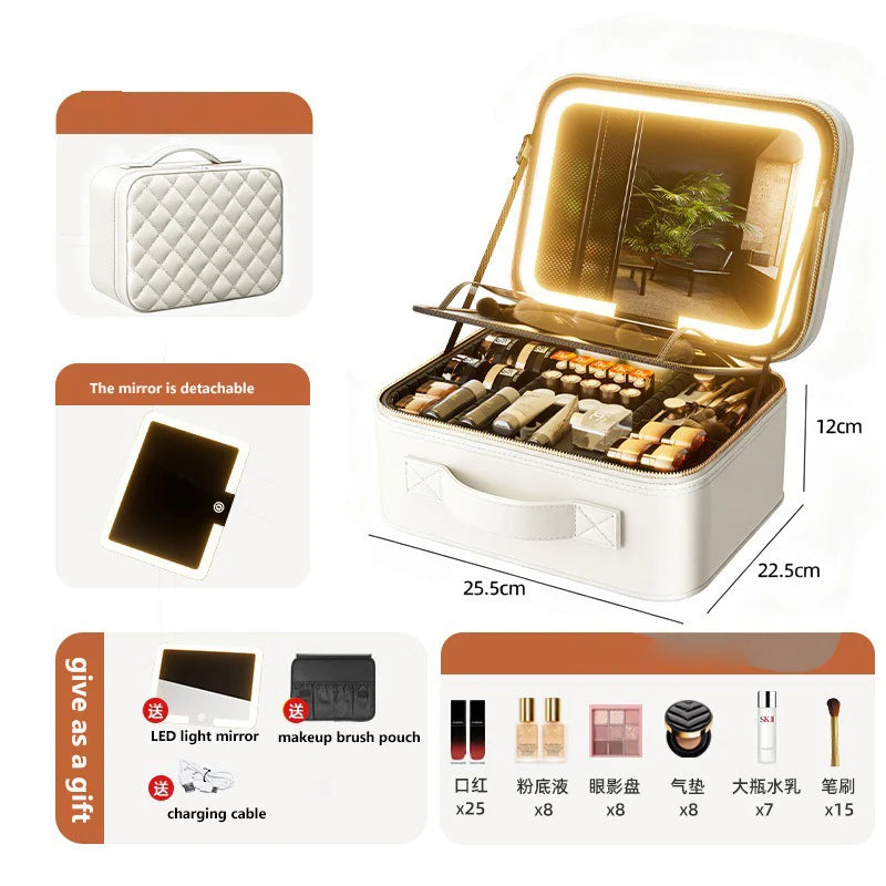 Luxury Makeup Bag LED Light Strip Mirror Makeup Case Portable Large Capacity Detachable Partition Storage Makeup Case