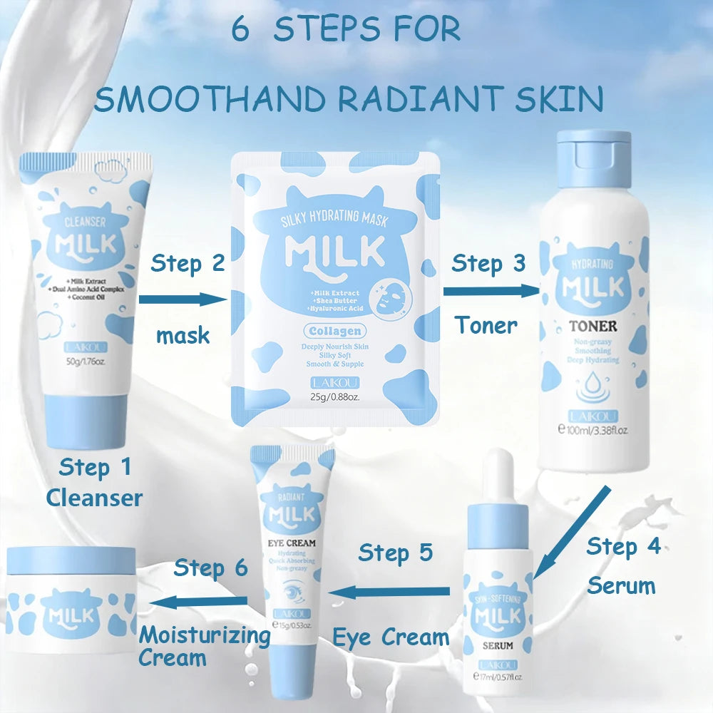 Milk 10PCS Skincare Set - Facial Cleanser Toner Serum Eye Cream Moisturizer +5 Masks Deep Hydration Moisturizing Nourish Brighte