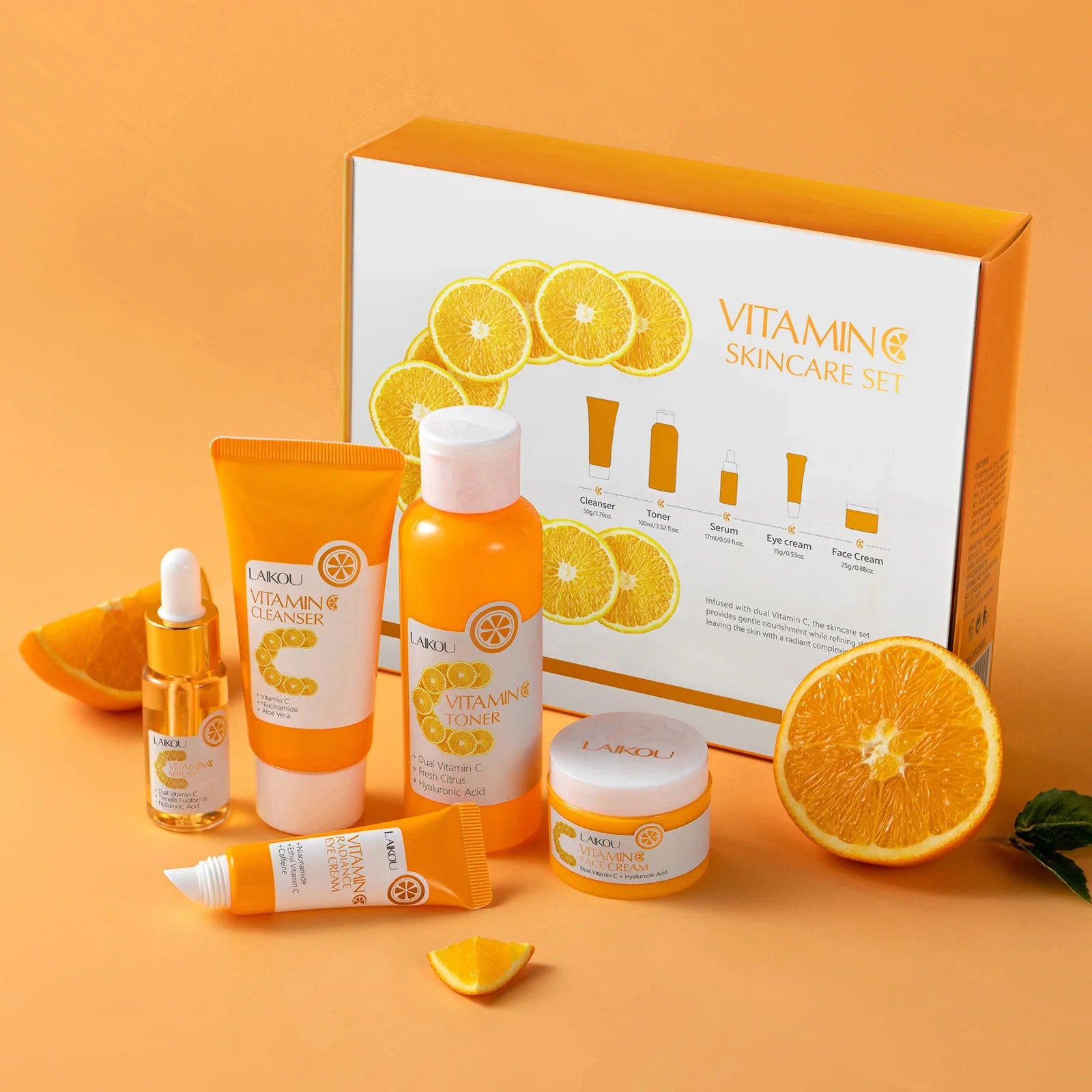 Vitamin C Skincare 5pcs Set Facial Care Brightening Essence Cream Serum Cleanser Toner Eye Cream Moisturizing