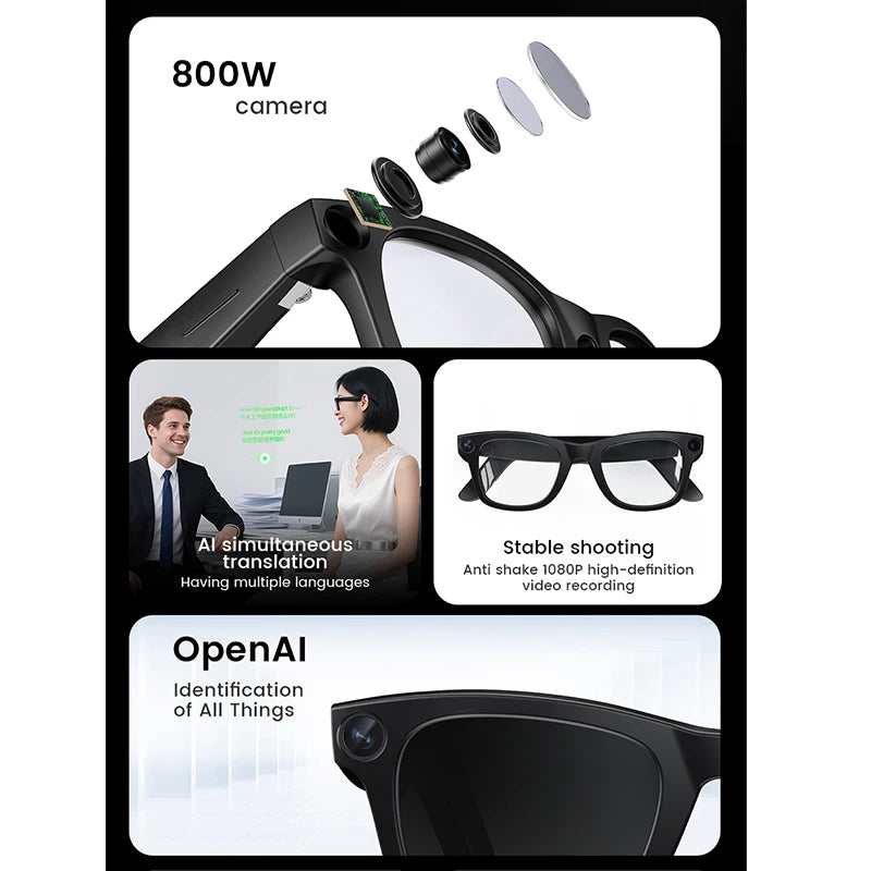 Smart Glasses HD Camera Bluetooth AI Translation – Black Sunglasses