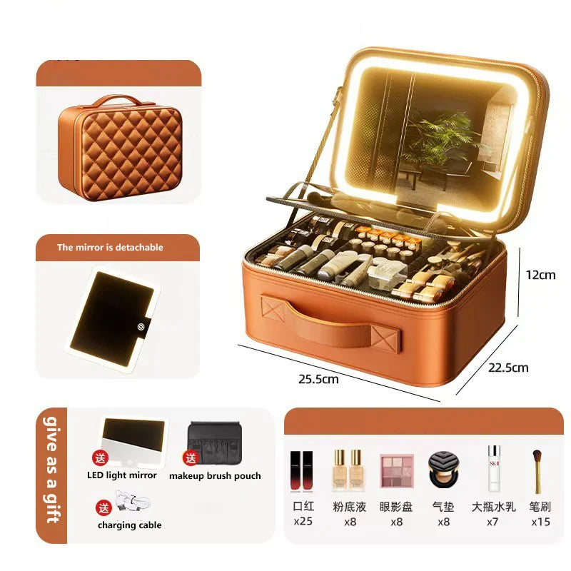 Luxury Makeup Bag LED Light Strip Mirror Makeup Case Portable Large Capacity Detachable Partition Storage Makeup Case
