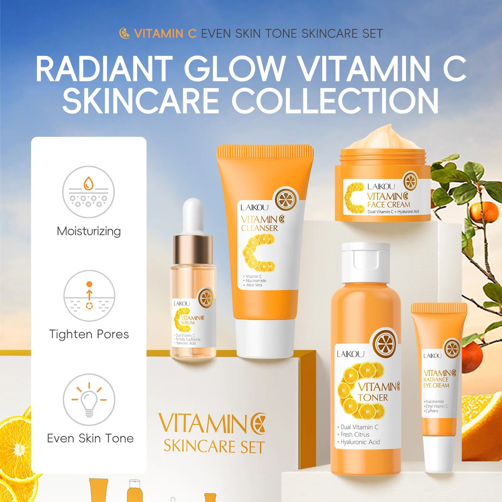 Vitamin C Skincare 5pcs Set Facial Care Brightening Essence Cream Serum Cleanser Toner Eye Cream Moisturizing