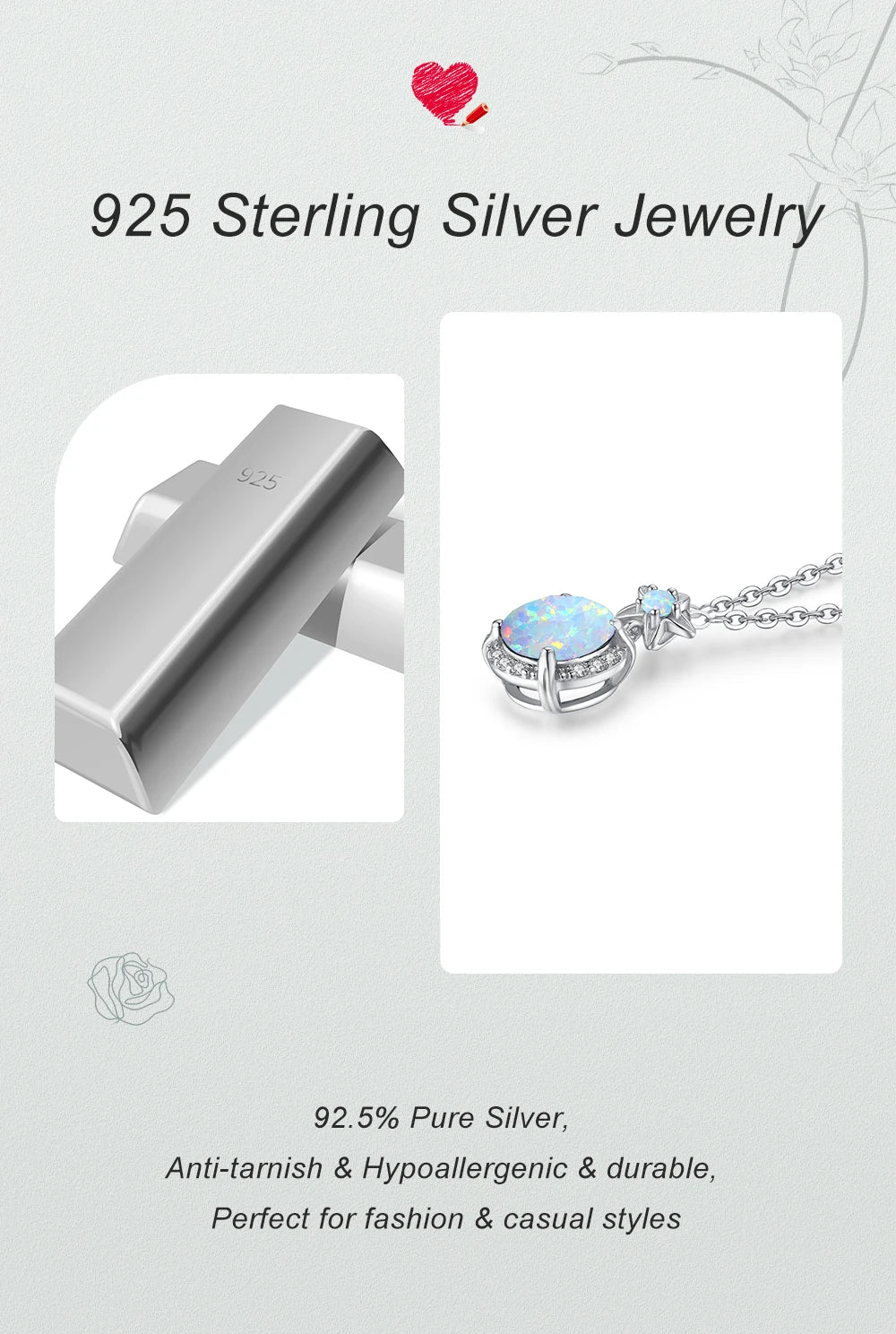 Shiny 925 Silver Necklace 9mm Round Opal Stone Pendant Beach Lover Gift Ocean Inspired Everyday Jewelry for Women Sensitive Skin