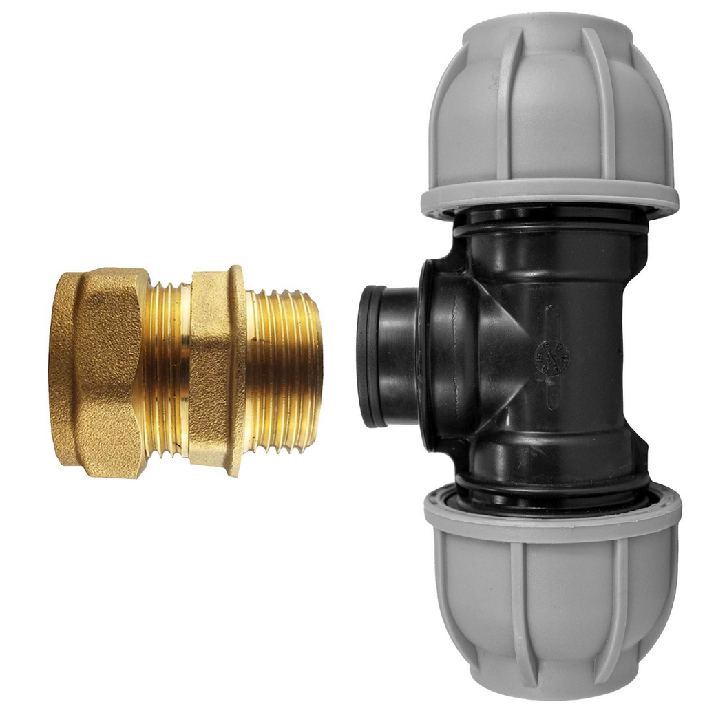Brass Compression 28mm Straight with 32mm MDPE Tee