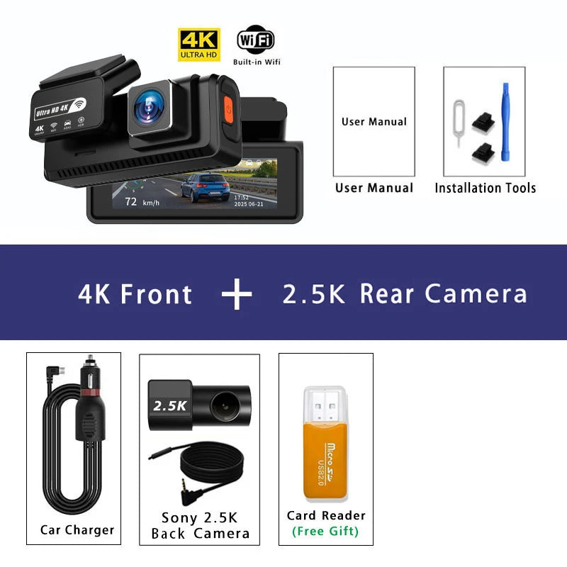 ADAS Dash Cam 4K+2.5K – GPS WIFI 24H Night Vision ADAS Optional Rear Lens