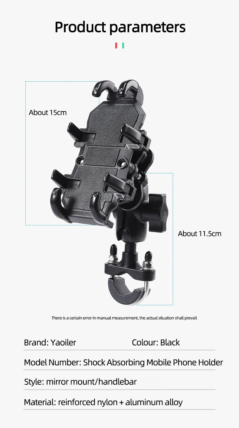 Motorcycle Electric Bike Mobile Phone Holder Aluminum Handlebar Bicycle Riding Bracket GPS Mount Phone Holder W/ Shock Absorber