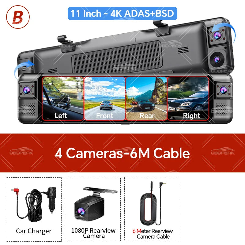 4-Channel 360° Dash Cam 11" 4K+1K+1K+1K – WIFI ADAS BSD Night Vision 24H Parking Monitor