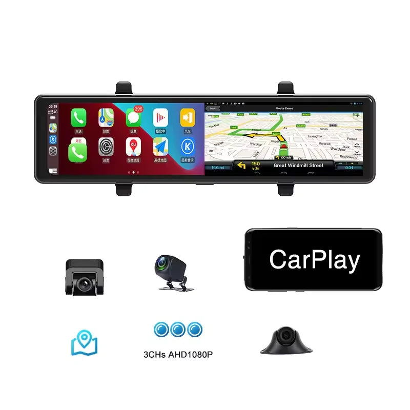 3-Camera Dash Cam with CarPlay & Android Auto – 2.5K WIFI GPS 12" Touch Screen