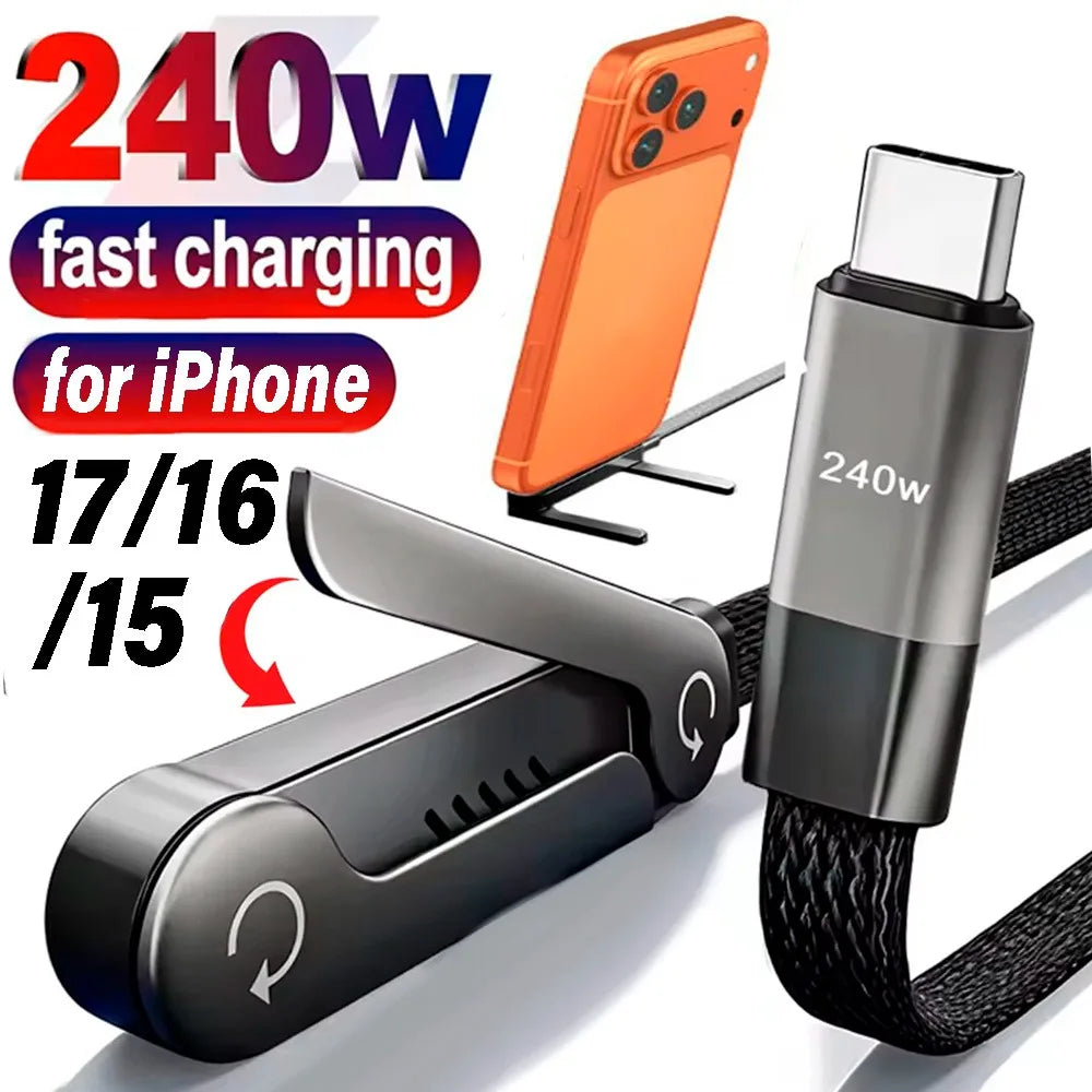 2-in-1 Charging Cable with Phone Stand – 240W Fast Charge, Dual Type-C, 1M & 2M