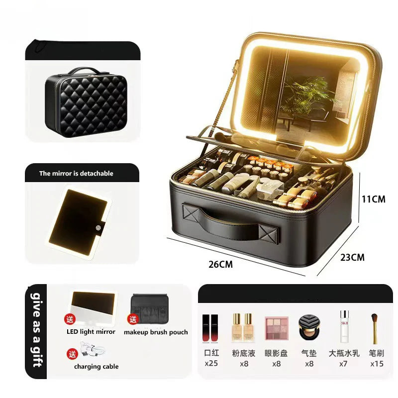 Luxury Makeup Bag LED Light Strip Mirror Makeup Case Portable Large Capacity Detachable Partition Storage Makeup Case
