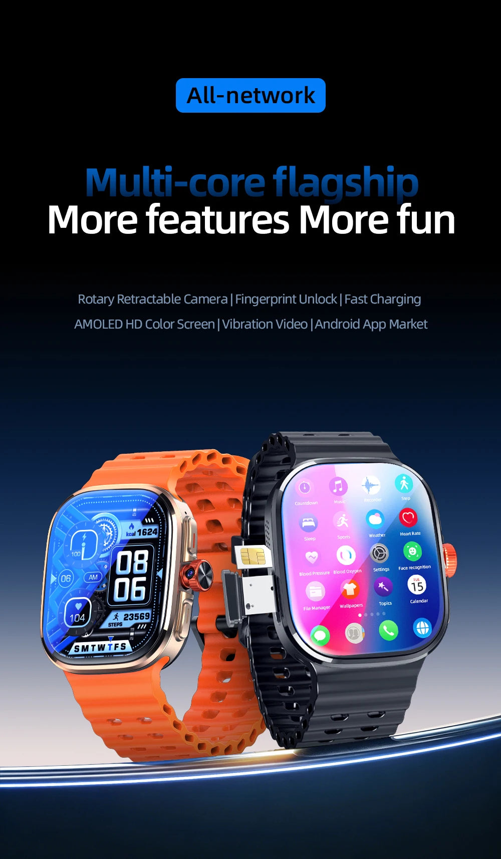 New Smartwatch 5G LTE  Android 13.0 2.29'' AMOLED Display Smart Watch With 800W Pull-out Camera Face/Fingerprint Unlock Sim Card