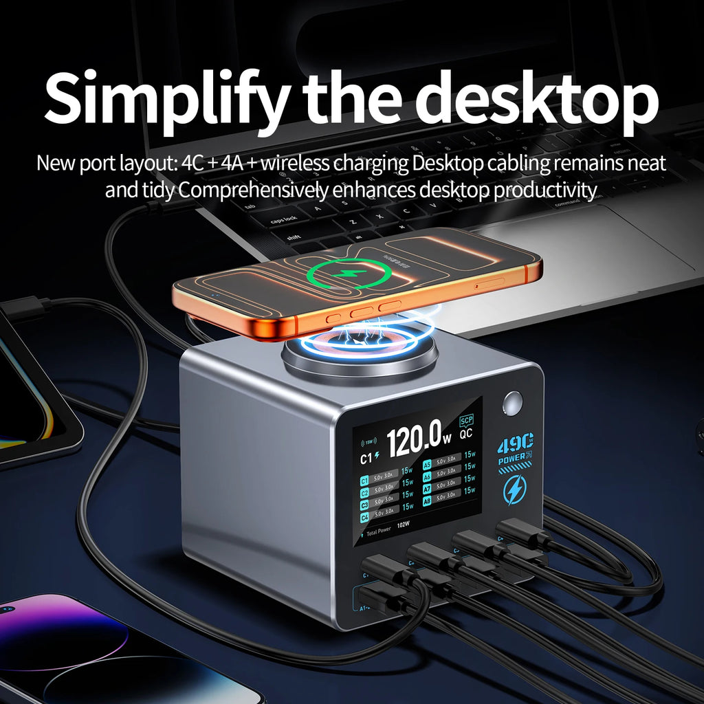 140W Smart Digital Multi-Port Charger 4C4A Wireless Charging for Smartphones Tablets And More - Fast Charging Hub