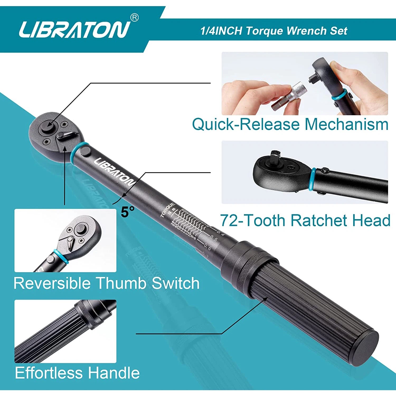 Bike Torque Wrench 1/4'', 5-25Nm, 0.1Nm Micro, Drive Click Torque Wrench Set, Hex, Torx/Star Bit Sockets, Extension Bar
