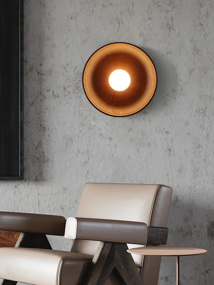 Nordic Modern Home Decor Wall Lamps Nature Solid Wood Body Round Plate Sconce Lights LED Bedroom Corridor Simple Design Lustres