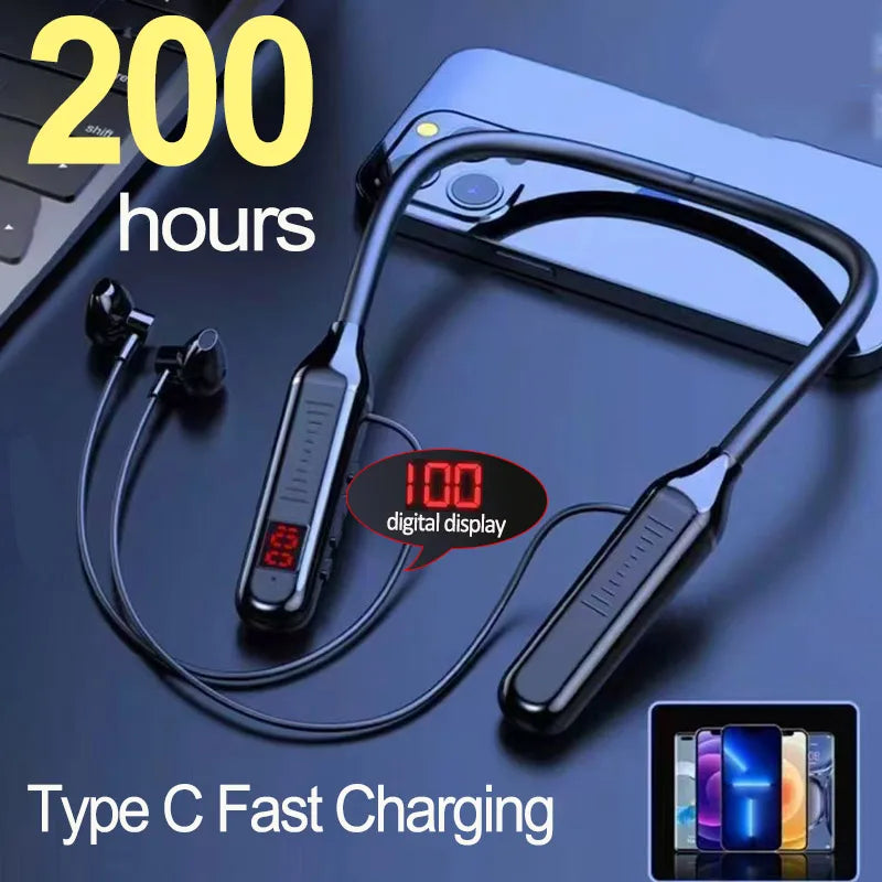 Wireless Neckband Earphones Bluetooth 5.3 – LED Display, Waterproof Sports Headset