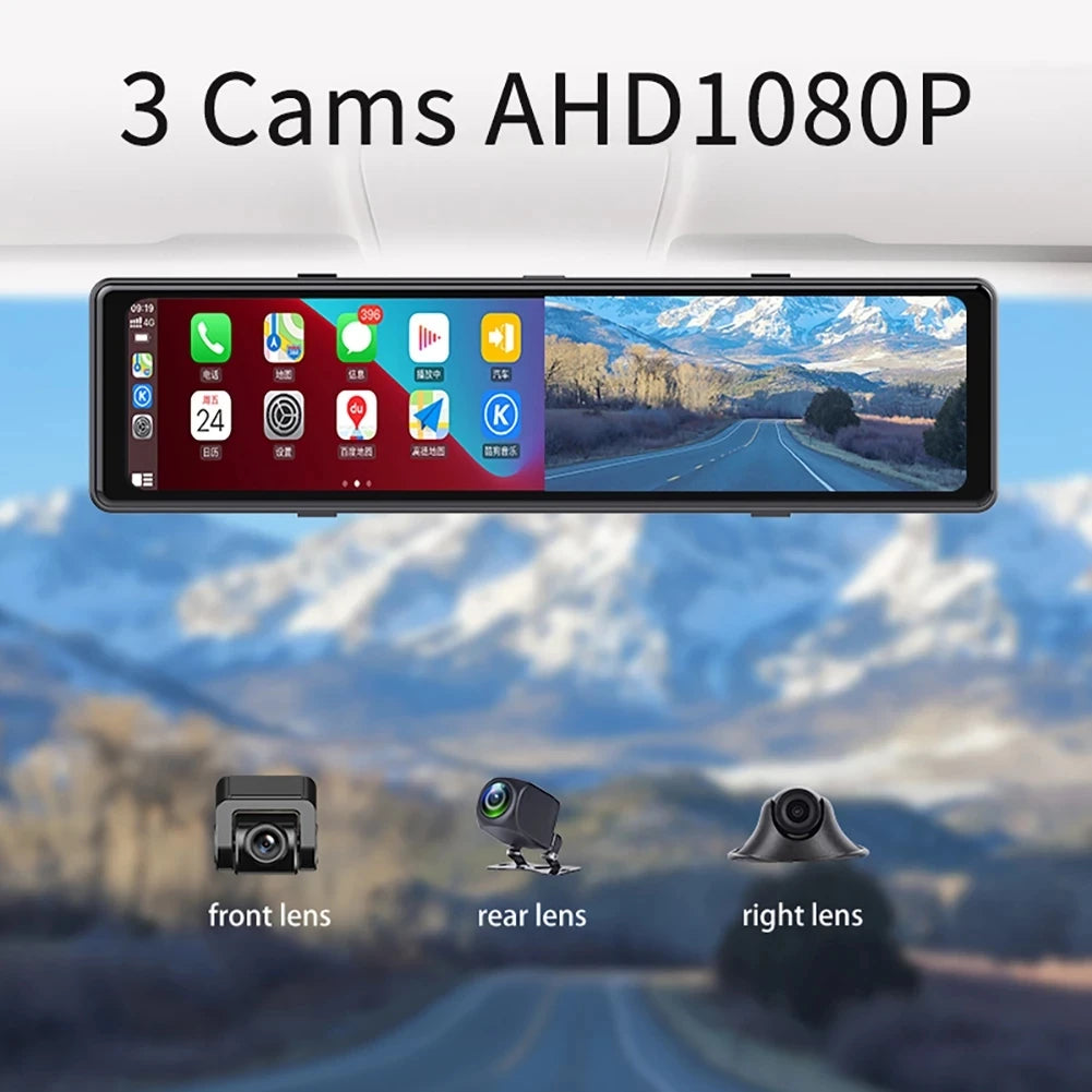 3-Camera Dash Cam CarPlay & Android Auto 2.5K – 12" Touch Screen WIFI GPS Rearview Mirror DVR