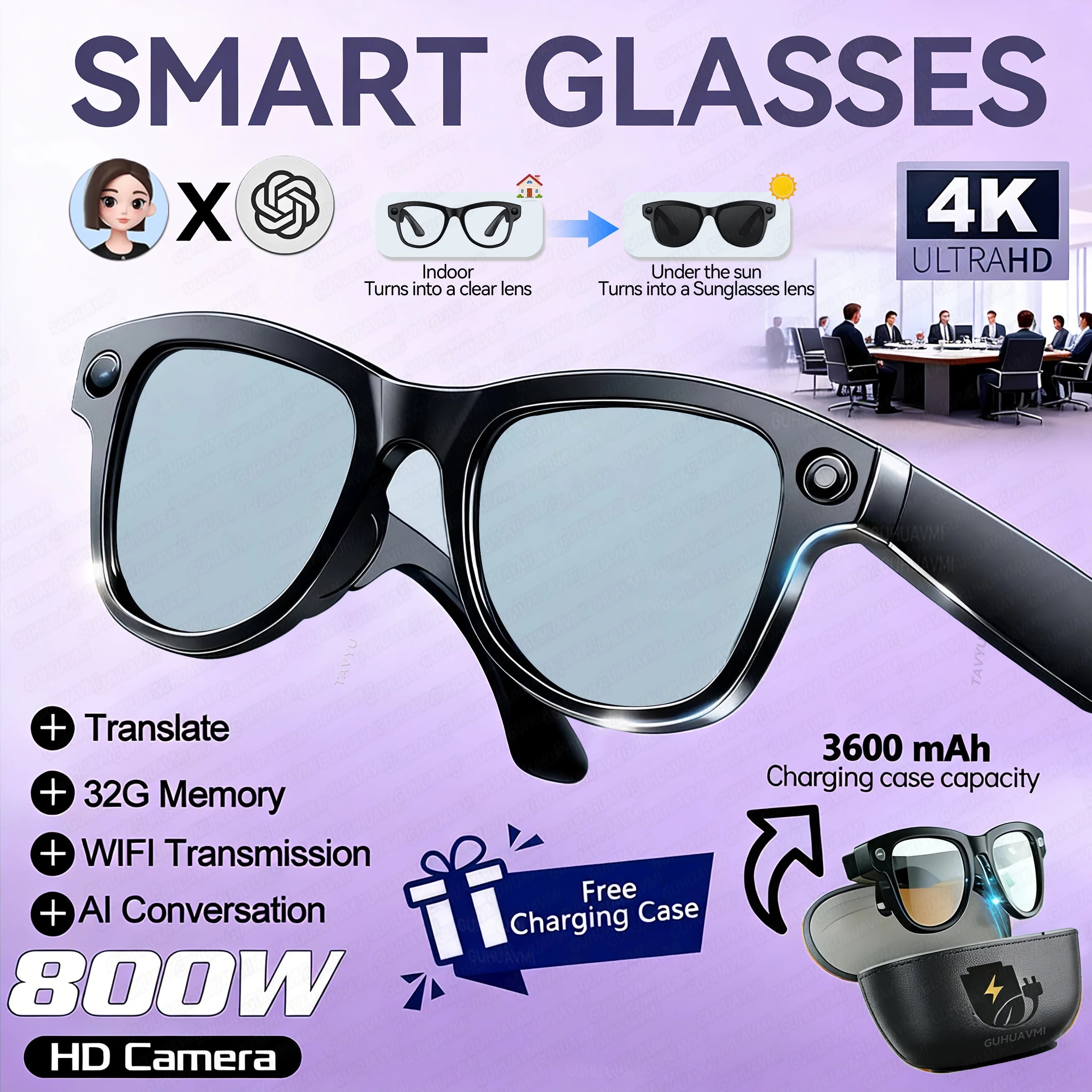 2026 Smart Glasses – 800MP Dual Camera, 3600mAh Power Bank, 120+ Languages AI Translation