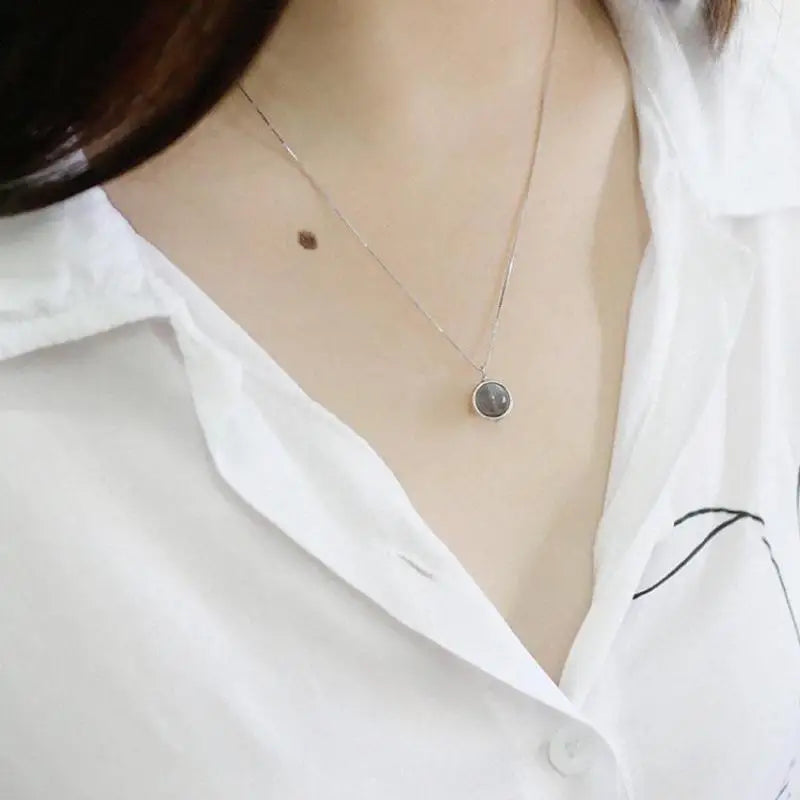 Real Pure 925 Sterling Silver Labradorite Pendant Necklace With Box Chain Simple Elegant Natural Gemstone Collier For Women