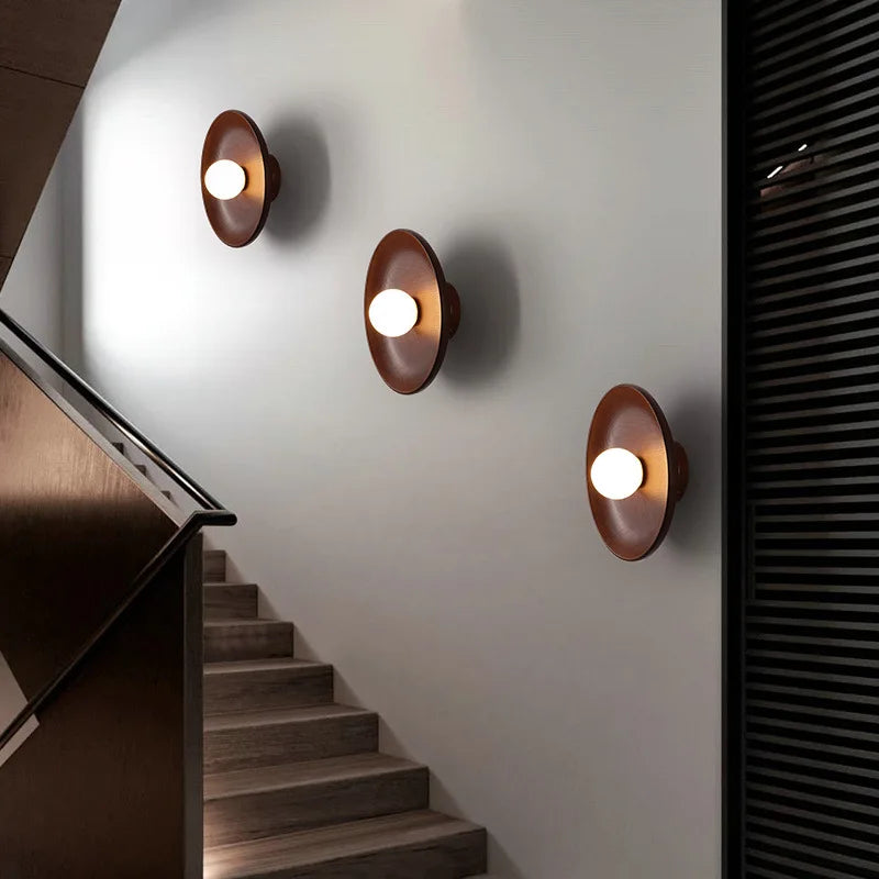 Nordic Modern Home Decor Wall Lamps Nature Solid Wood Body Round Plate Sconce Lights LED Bedroom Corridor Simple Design Lustres