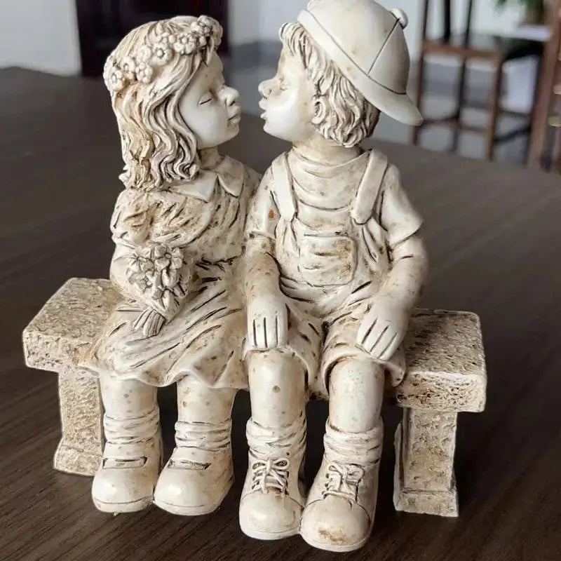 Garden Decor Endearing Sculpture Kids Sharing A Kiss on The Bench Living Room Decoration Fairy Garden Decorative Figurines