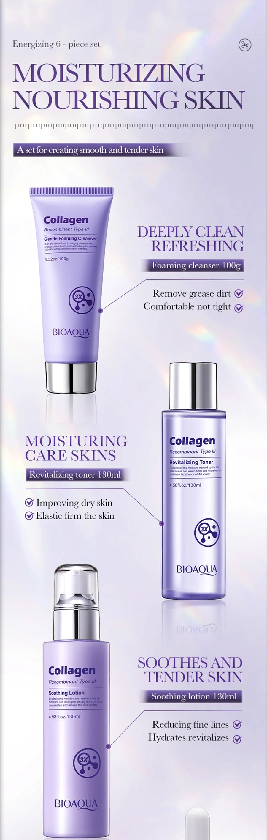 Anti-Wrinkle Skincare Six-Piece Set Collagen Anti-Aging And Firming Skincare Including Eye Cream Face Cream, Toner Lotion Serum