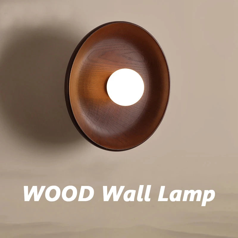 Nordic Modern Home Decor Wall Lamps Nature Solid Wood Body Round Plate Sconce Lights LED Bedroom Corridor Simple Design Lustres