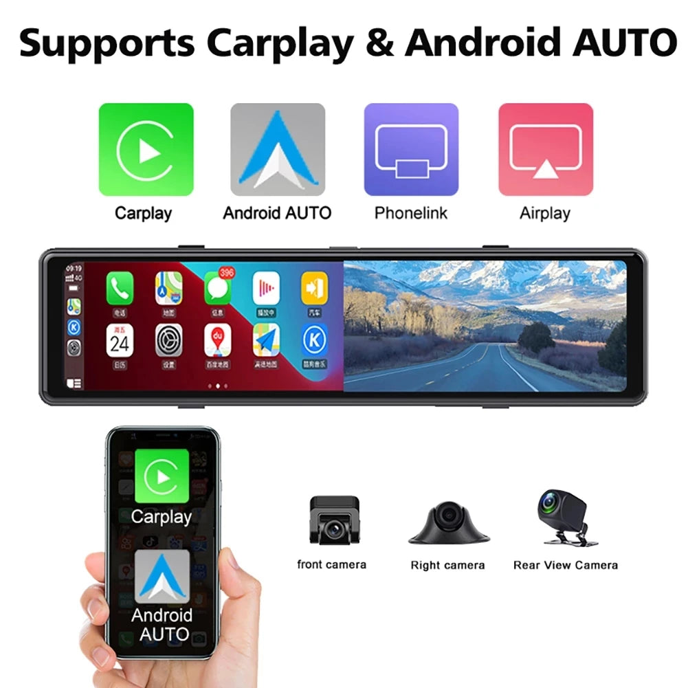 3-Camera Dash Cam with CarPlay & Android Auto – 2.5K WIFI GPS 12" Touch Screen