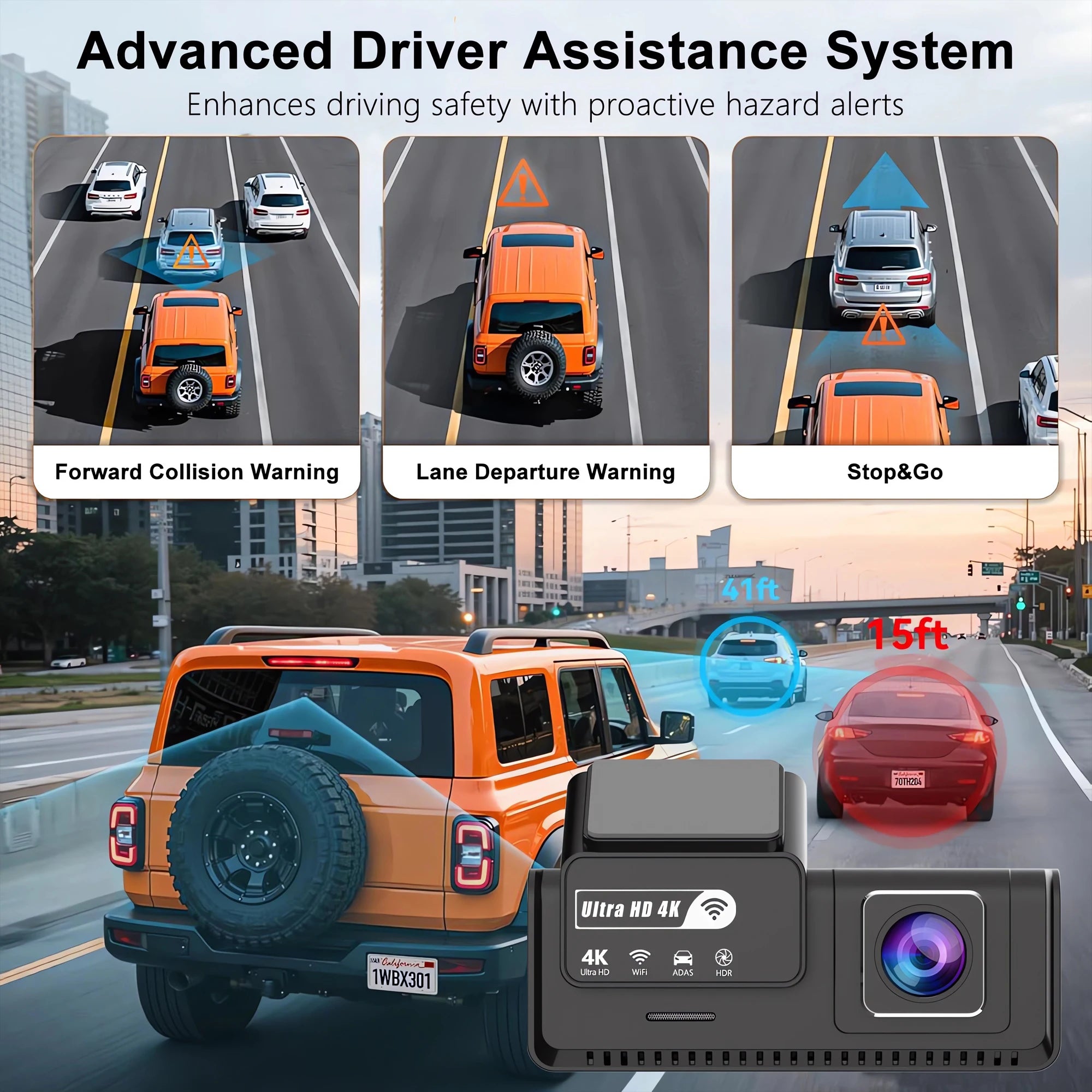 ADAS Dash Cam 4K+2.5K – GPS WIFI 24H Night Vision ADAS Optional Rear Lens