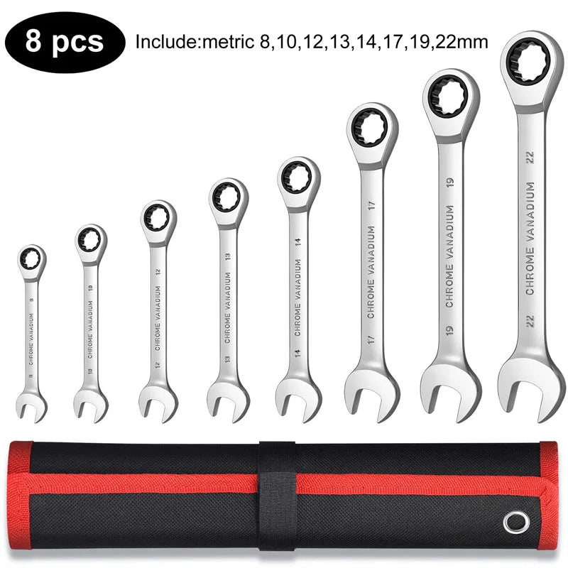 Ratcheting Wrench Set Metric and Standard 12-Point Box End Combination Spanner Gear Wrench Garage Tool Set,CR-V Full Polished