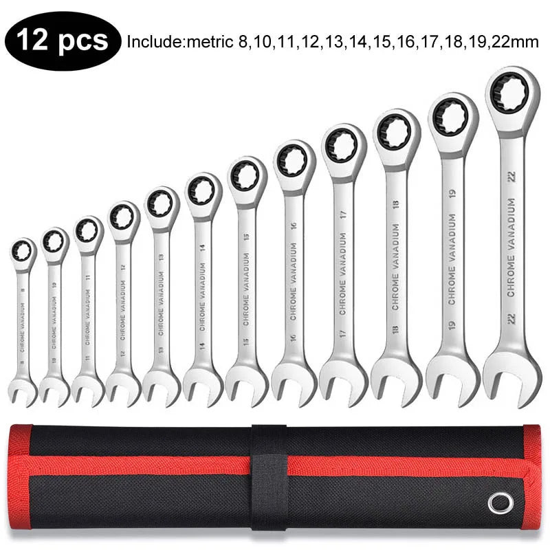 Ratcheting Wrench Set Metric and Standard 12-Point Box End Combination Spanner Gear Wrench Garage Tool Set,CR-V Full Polished